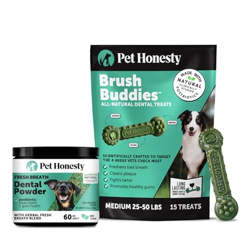 Pet Honesty Dog Dental Care Virtual Bundle – Breath Freshener Dental Powder for Large Dogs (60 Servings) + Brush Buddies Dental Sticks for Medium Dogs (15 Ct) – Teeth Cleaning, Plaque & Breath Support