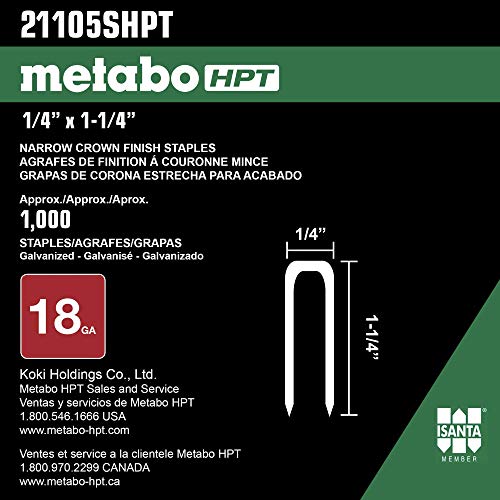 Metabo HPT 1-1/4 Inch 18 Gauge Narrow Crown Finish Staples | 1,000 Count | 21105SHPT 1/4" x 1-1/4" - 18 GA EG