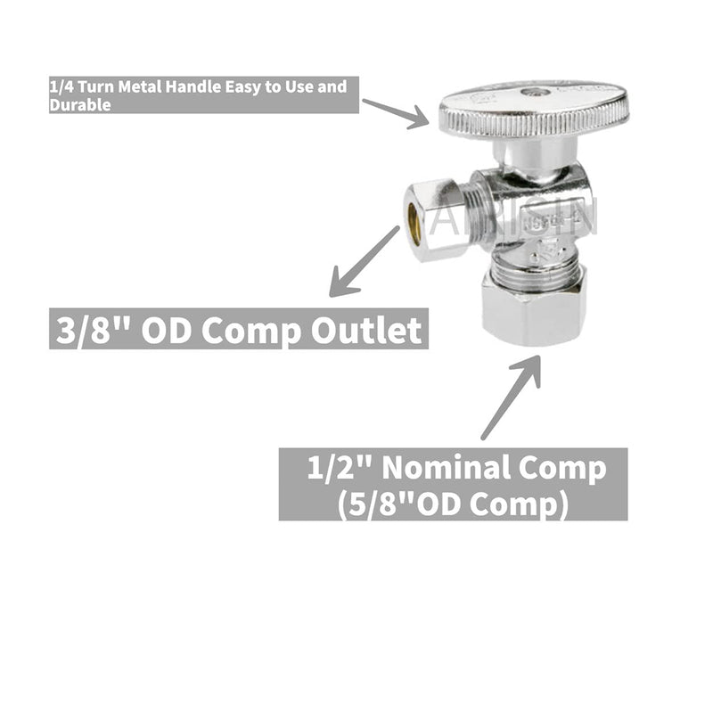 1/4 Quarter Turn Brass Angle Stop Valve 1/2" NOM Inlet (5/8"OD Comp) x 3/8" COMP Outlet,Water Shut Off Valve for Water Sink/Bathroom/Toilet/Kitchen (1-Pack) 5/8"OD COMP Inlet x 3/8"OD COMP Outlet