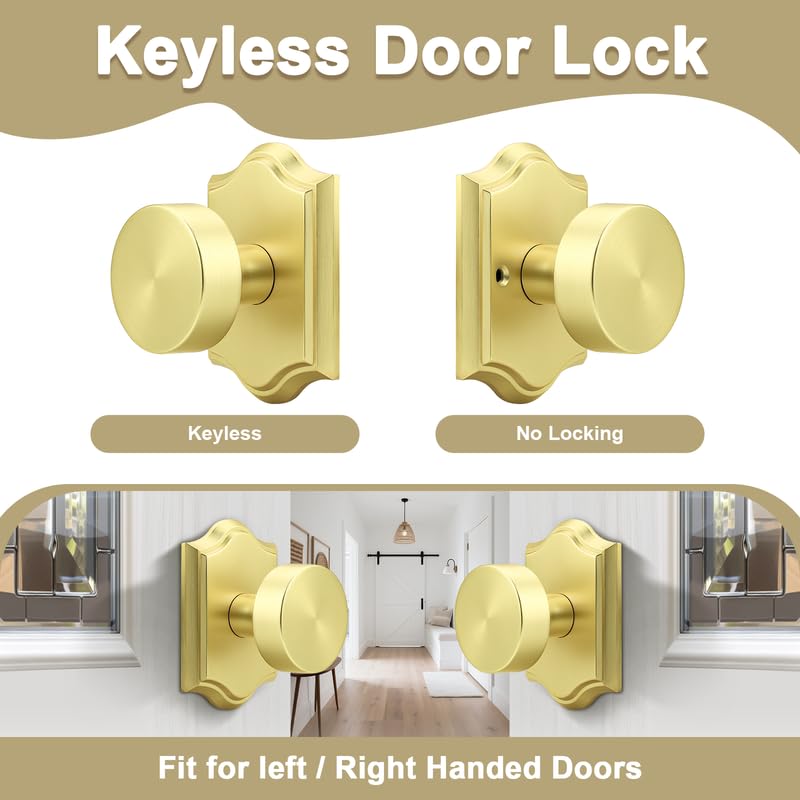 Probrico Brass Door Knobs Interior, Gold Door Handles for Closet/Hallway, Keyless Door Knobs No Lock, 2 Pack Passage-2 Pack
