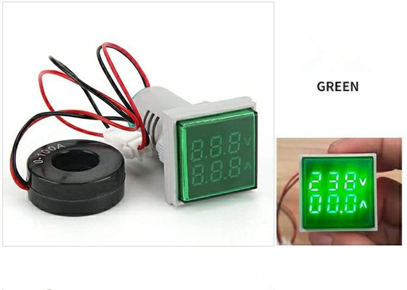 AC Current and Voltage Indicator with Two-Digit Display, 22mm Square Head LED Multi-Function Measuring Instrument Monitor (Green) Green