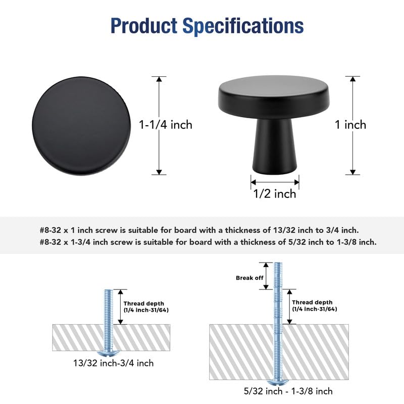 JOY DECOR 5 Pack Kitchen Cabinet Knobs Solid Drawer Knobs Dresser Knobs 1-1/4 Inch Drawer Pulls Matte Black Cabinet Hardware for Dresser Drawers Round Cabinet Door Knobs Simple Drawer Handles