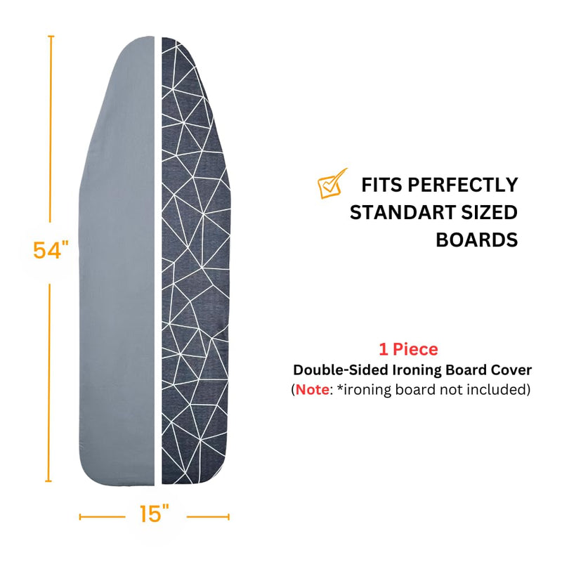 Ironing Board Cover and Pad Dual Side X2 Lifetime Double Using Heavy Duty Thick Padding Heat Reflective Non Stick Scorch and Stain Resistant Adjustable 15x54 inch Double Sided Geometric Grey