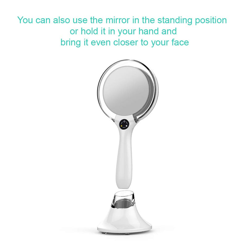 Starlite Handheld Rechargeable Lighted Makeup Mirror with Stand, 1X/5X Magnification, Dual Sided & Vanity Mirror with Bright and Warm Light, Cordless Rechargeable Mirror (White Colour) 10.5"L x 4.1"W