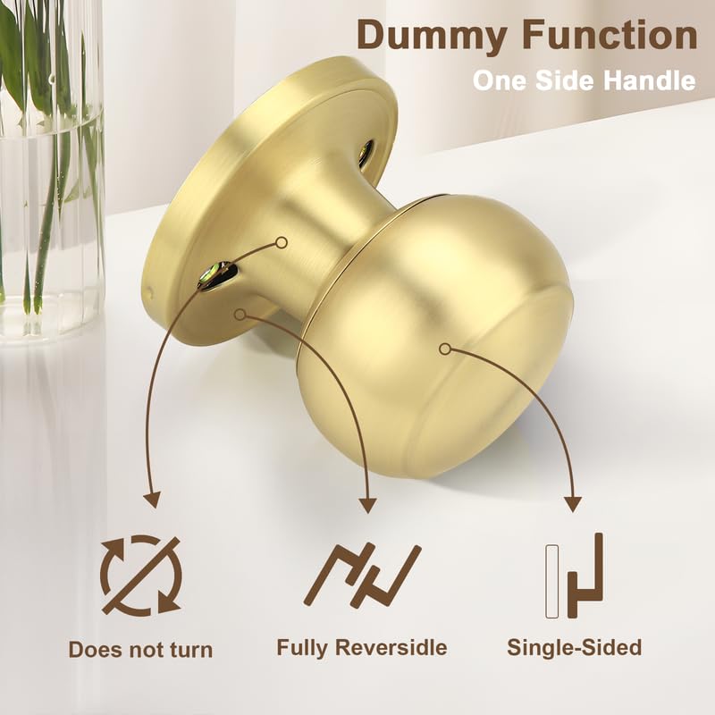 Probrico Brushed Brass Dummy Door Knobs Interior, Gold Dummy Door Handles, Half Dummy Door Knobs for Closet/Hall, 4 Pack