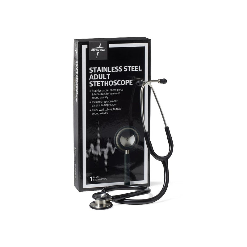 Medline Elite Adult Stainless Steel Stethoscope, Black, High Acoustic Sensitivity