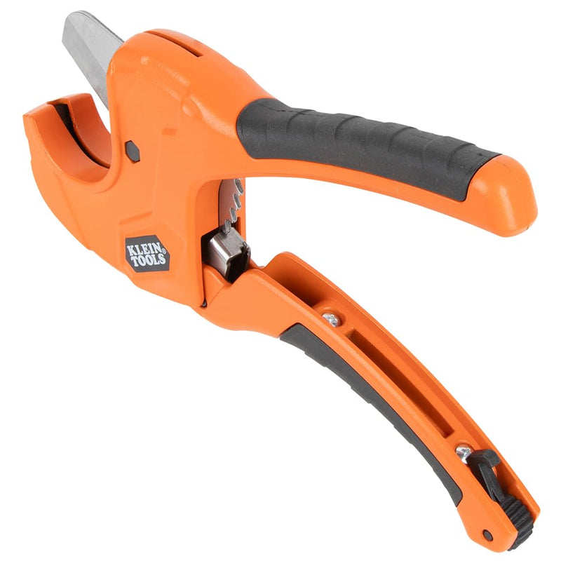 Klein Tools 50063 Ratcheting PVC Pipe Cutter, Cuts 1-1/4-Inch I.D. PVC, CPVC, PEX Pipes, One-Handed Operation, Replaceable Blades