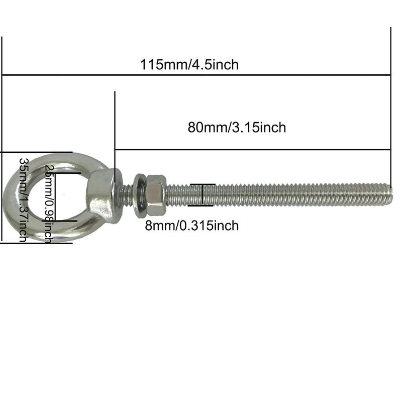 Stainless Steel Eye Bolt, 2pack M8 Shoulder Eye Bolts 5/16" X 3.15"with Nuts and Washer Thread Lifting Ring Eyebolt 2pcs