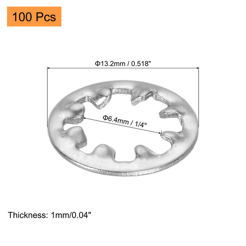 uxcell 100Pcs Internal Tooth Washers, 1/4-Inch Stainless Steel Internal Serrated Washer for Mechanical Equipment Fasteners, Silver Tone 100