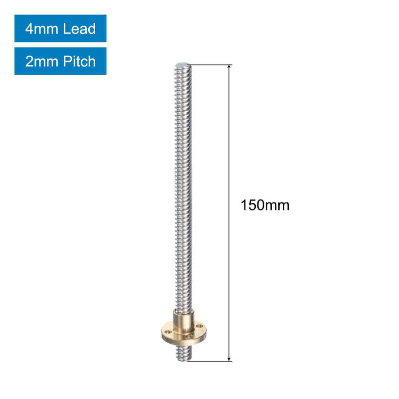 uxcell 2 Pcs 150mm / 6 Inch Tr8x4 Stainless Steel Lead Screw with T8 Brass Nut - [ Acme Thread, 2mm Pitch, 8mm Lead ] for 3D Printer Z Axis, CNC Machine