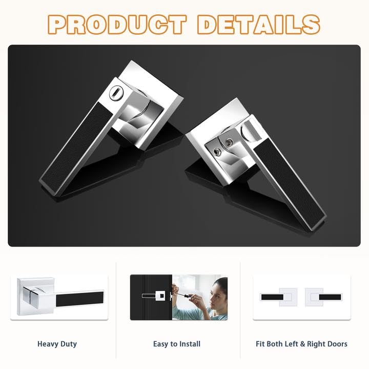 Probrico Heavy Duty Square Door Handle with Black Leather Hand Lever, Keyless Passage Interior Door Levers for Hallway or Closet, Polished Chrome, 2 Pack