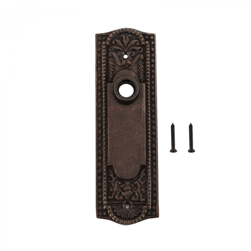 Renovators Supply Manufacturing Door Back Plate Brass 7 1/4 in. Escutcheon Cover Ornate Doorplate in Antique Brass Finish