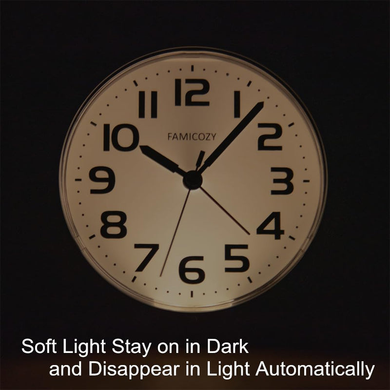 FAMICOZY Automatically Backlighted Alarm Clock,Silent No Ticking for Seniors Vision Impaired,Easy to Set,Big Numbers,Ascending Alarm,Gentle Wake,Snooze,2 AA Battery Operated,Black Black