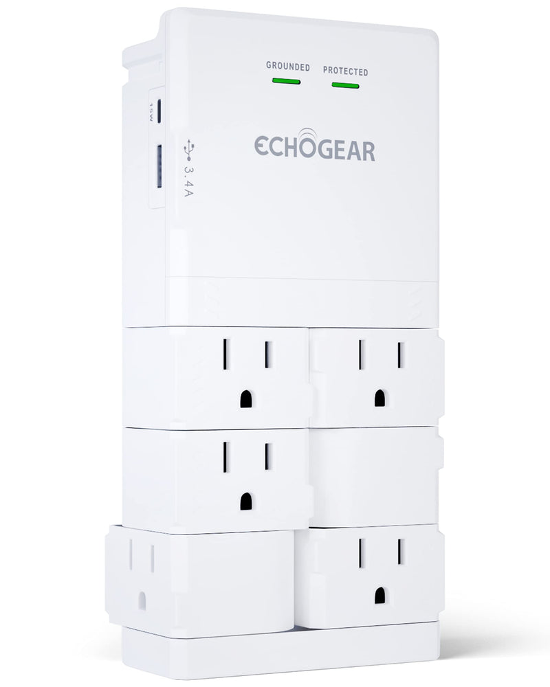 ECHOGEAR Wall Outlet with USB Ports & Surge Protection - Power Protect 8 Devices 6 Rotating AC Plugs 2 Includes 1x USB-C Port USB-A White White With USB-C & USB-A