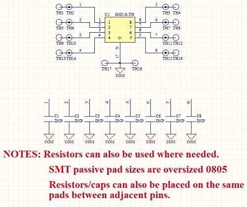 – SMD to DIP Breakout PCB Module, 8-Pin, SOIC to DIP Adapter Header with Integrated SMT Resistor and/or Capacitor Pads – 10 Pieces 8-Pin SOIC