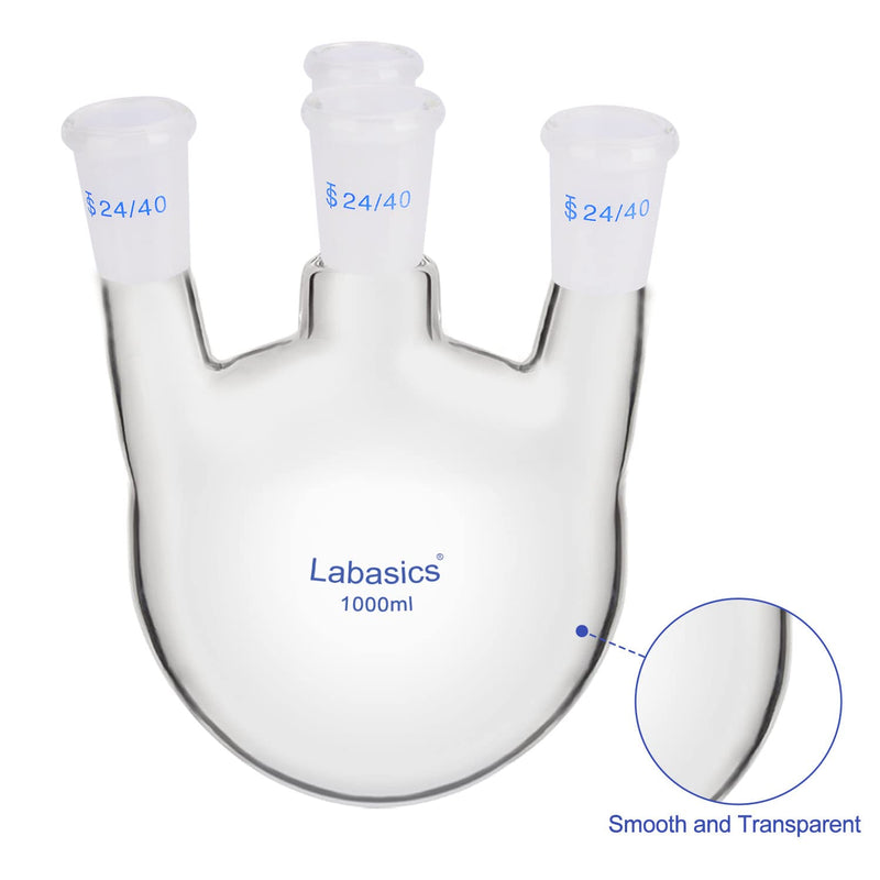 Labasics Round Bottom Flask with 4 Upright Necks, Heavy Wall Borosilicate Glass Round Bottom Boiling Flask with 24/40 Standard Taper Outer Joint, for Laboratory Use, 1000 ml
