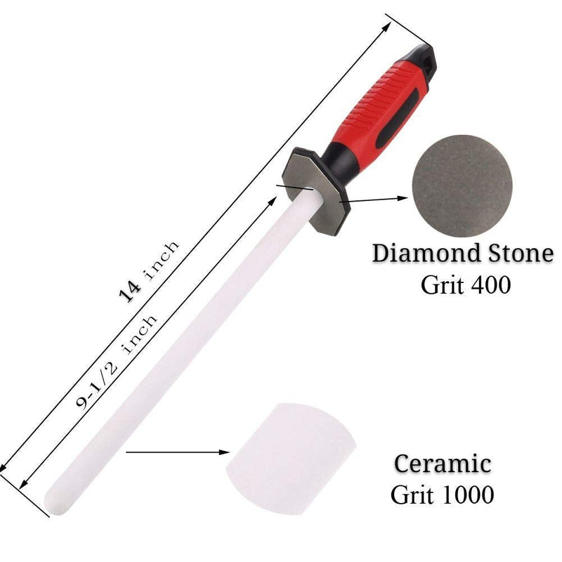 14 inch Sharpening Rod/Sharpening Bar, 2 in 1 Diamomd/Ceramic (Grit 400/1000) Knife Sharpener for Coarse/Fine Honing