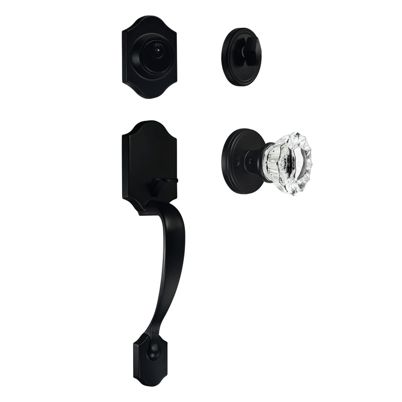 Black Front Door Lock Set with Single Cylinder Deadbolt and Crystal Glass Knob, Entry Front Door Handle Reversible for Left & Right Handed Door, Matte Black Finish 1