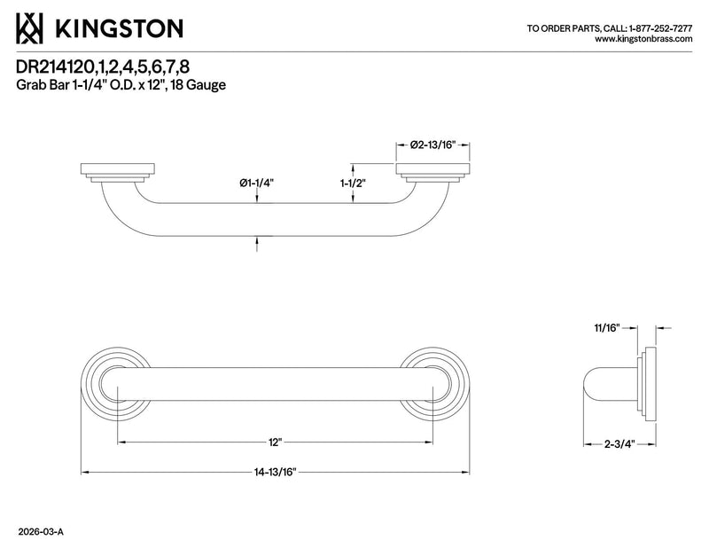Kingston Brass DR214122 Designer Trimscape Milano 3-Layer Flange 12-Inch Grab Bar with 1.25-Inch Outer Diameter, Polished Brass