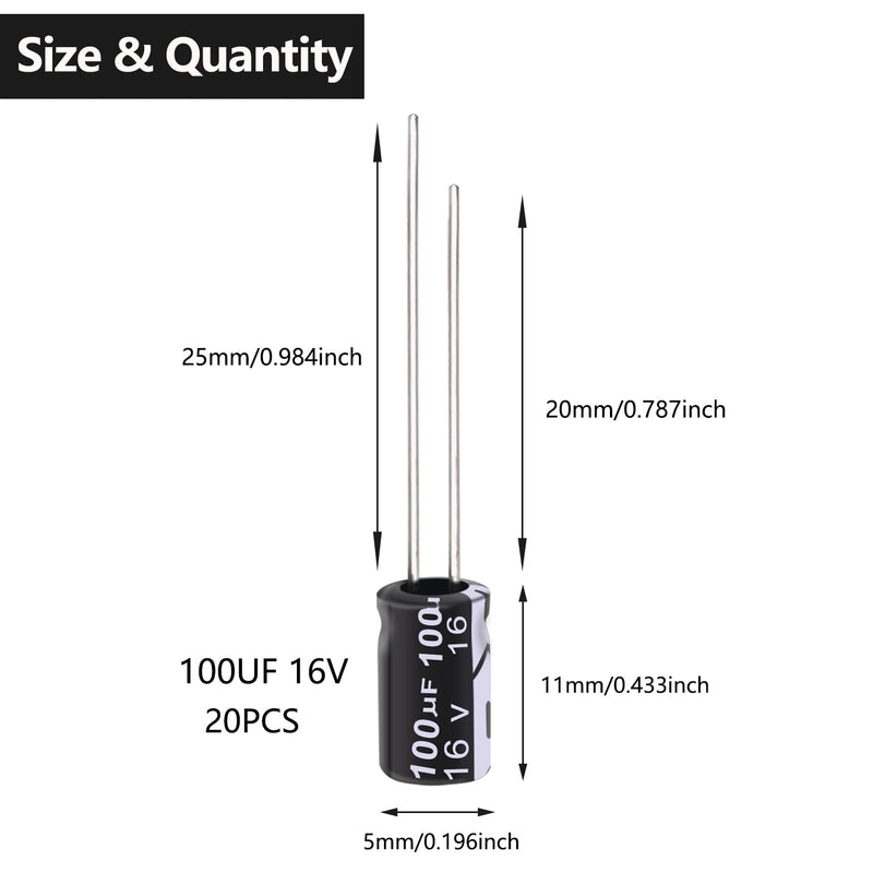 Tnisesm 20Pcs 100UF 16V Electrolytic Capacitor 100 UF MFD 16 Volt with Aluminum Radial Leads 100UF-16V