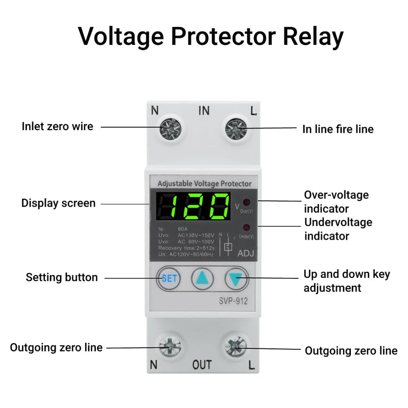 LiebeWH Voltage Protector Relay 120VAC Adjustable Self Recovery Digital Under Voltage Relay with Automatic Reset for Home Office Appliances(80A) 80A