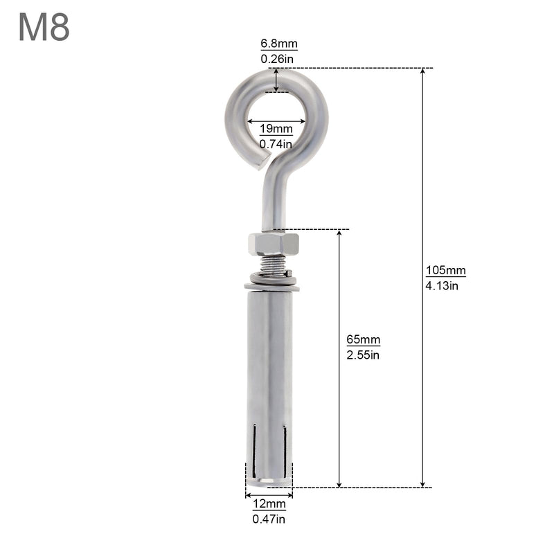 5/16" Concrete Eye Bolt, 10 Pack M8*105mm Eyebolt Bolt Stainless Steel Wall Concrete Brick Anchor, Heavy Duty Eyebolts Expansion Lifting Ring Bolt Fastener 10PCS - M8 5/16inch