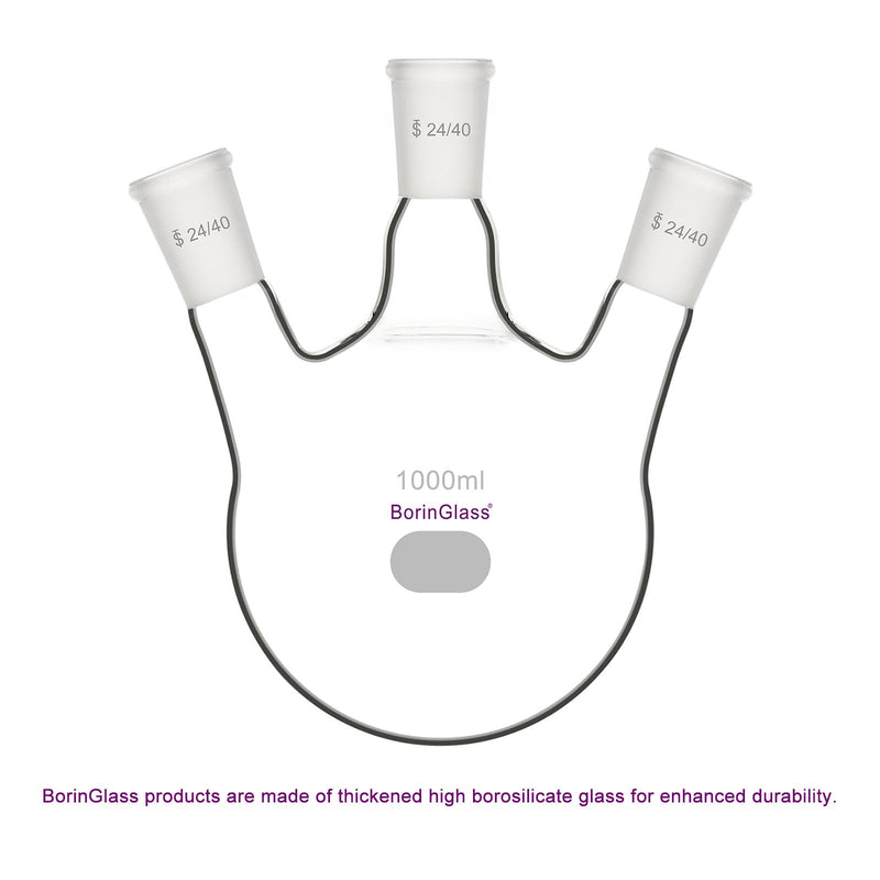 BorinGlass Three Necks Round Bottom Flask RBF, Glass 3-Neck Boiling Flask with 24/40 Standard Taper Outer Joint, 1000 ml