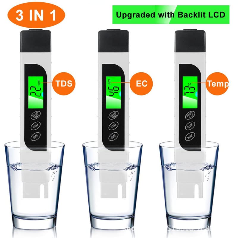 TDS Meter, 3 in 1 TDS, EC & Temperature Meter, Accurate Reliable PPM Meter, Digital Water Testing Kits for Drinking Water Quality White