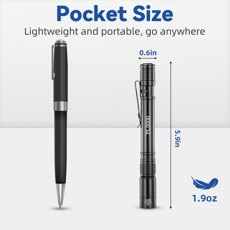 2Pack Pen Flashlight Rechargeable PL9000, 5Mode Bright Pen Light Flashlight High Lumens, Waterproof Pocket Flashlights, EDC Adjustable Tactical Flash Light, LED Small Lights with Clip for Emergencies 2Pack