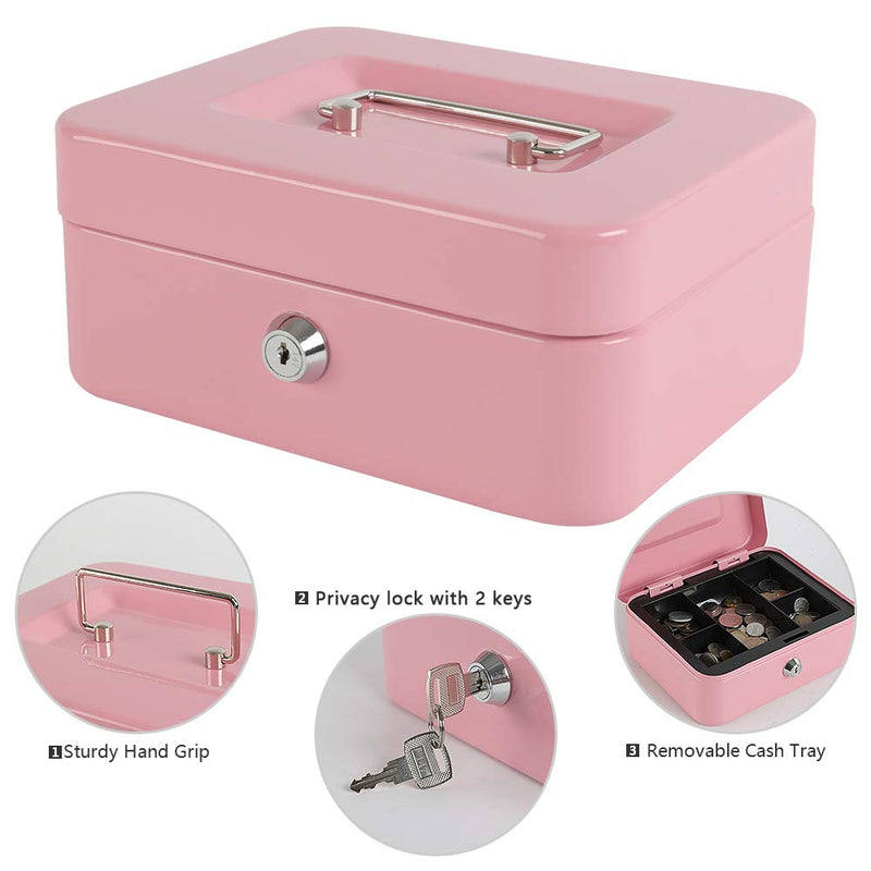 xydled Locking Steel Medium Cash Box with Removable Coin Tray and Key Lock,7.87"x 6.30"x 3.54",Pink Pink