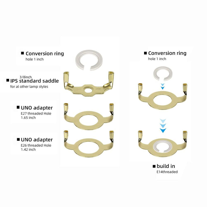 8 9 10 11 12 inch Lamp Shade Harp Holder, ALUCSET Adjustable Lamp Harp Kit, Fit Both Standard Lamp Rod and E14 E26 E27 Light Base UNO Fitter Adapter Converter Finial Set, Lampshade Bracket Gold
