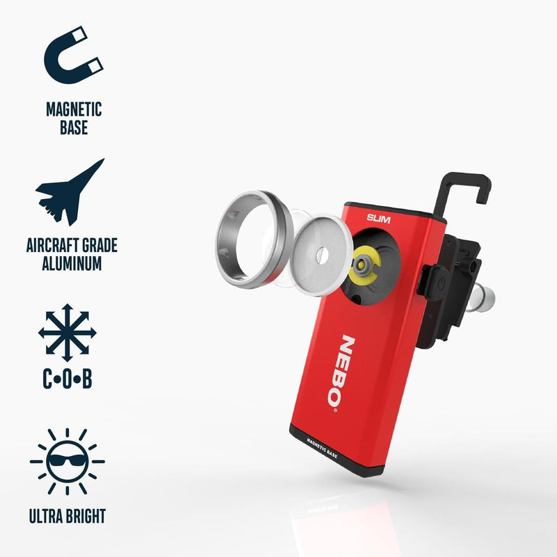 NEBO Slim Work Light, USB Rechargeable Bright Pocket Light with Clip Red