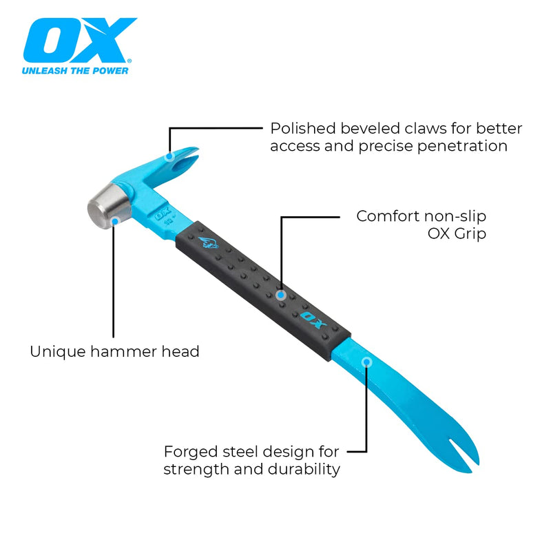 OX Tools Unique Hammer Head 12" Pry Bar - Multi-Functional Tool with Cats Paw, Crowbar | Rubber Grip, Polished Beveled Claws - Forged Steel Design for Strength and Durability Claw Bar 12-Inch