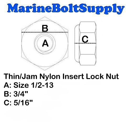 Stainless Steel Thin Jam Nylon Insert Lock Nuts 1/2-13 (pack of 10) Marine Bolt Supply