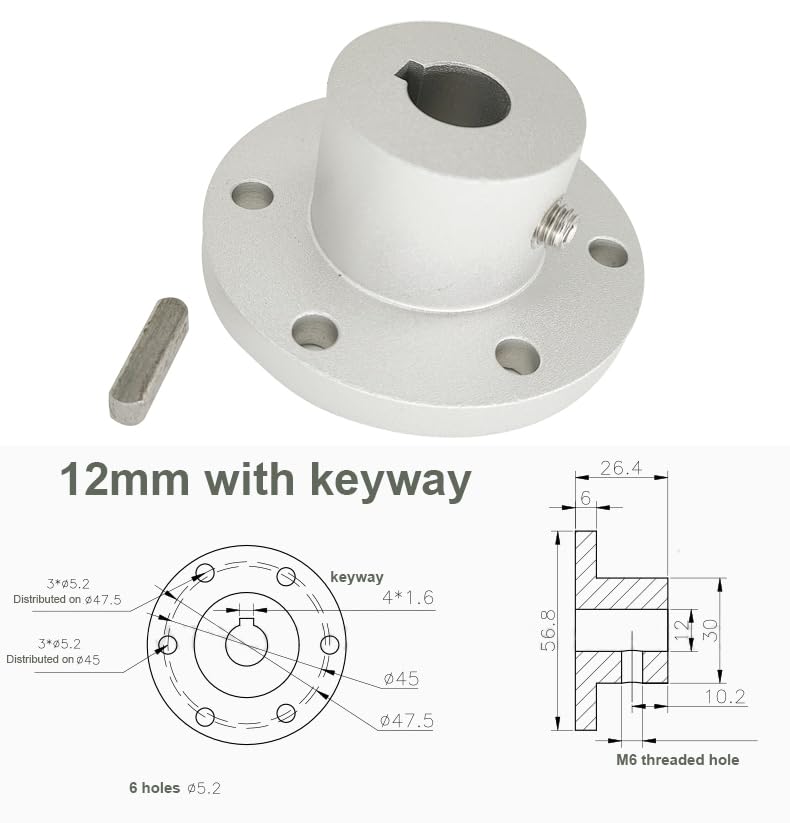 0.47in RC Key Hub Shaft Coupling with Keyway,12mm high Strength Aluminum Alloy omnidirectional Wheel Motor Shaft Coupler (Silver)
