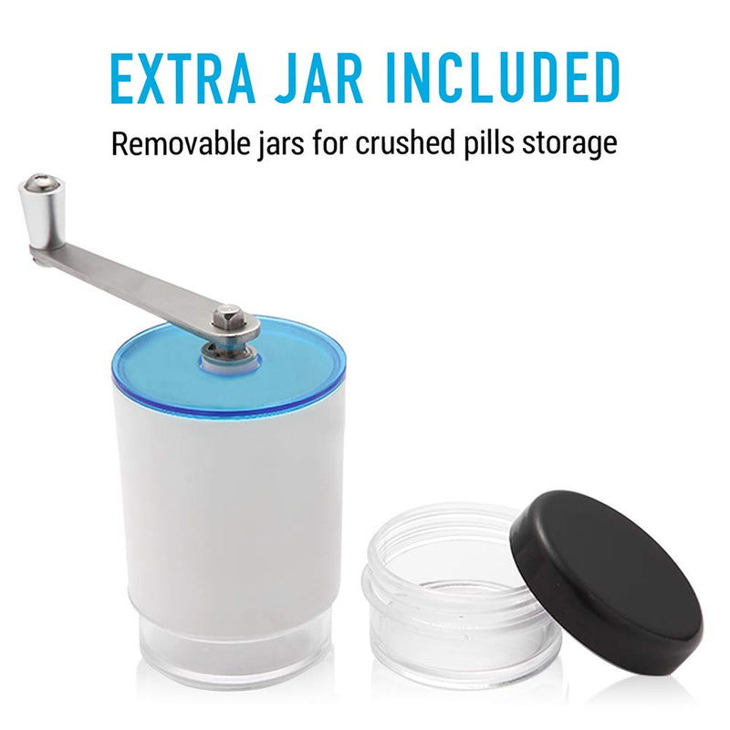 Pill Grinder Pill Crusher – Easily Crushes Multiple Tablets or Vitamins into Fine Powder at Once (Extra Jar Included) - Great Pulverizer for Feeding Tube, Kids, Pets and Arthritis