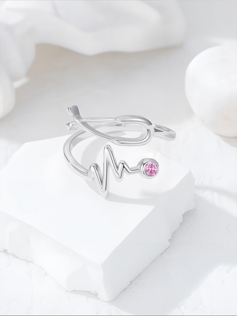Seiyang Stethoscope Medicine Birthstone Ring 925 Sterling Silver Heartbeat EKG Stethoscope Ring with 12 Months Birthstone Graduation Gifts Medical Jewelry for Doctor Nurse Students Non-Personalized 10-October