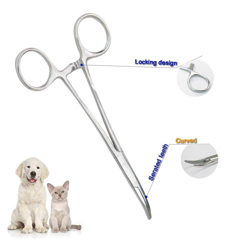 Pets ears/nose hair Puller Straight & Curved full serrated, stainless steel Home Hemostat Locking Forceps, Professional pet grooming tool for cats & dogs 2pcs set Silvery