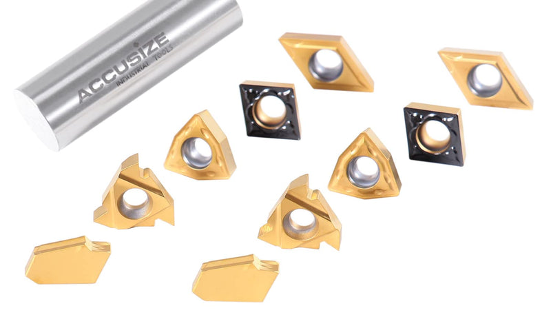 Accusize Industrial Tools 2 Pc of Each Kind of Carbide Inserts for 2988-0058, Tin Coated, Total 10 Pieces, 2988-0058Inserts | 2 Each of 16ER, GTN-3, WCMT32.5, CCMT32.5, and DCMT32.5; TiN and CVD Coated for Steel, 2988-0058INSERTS