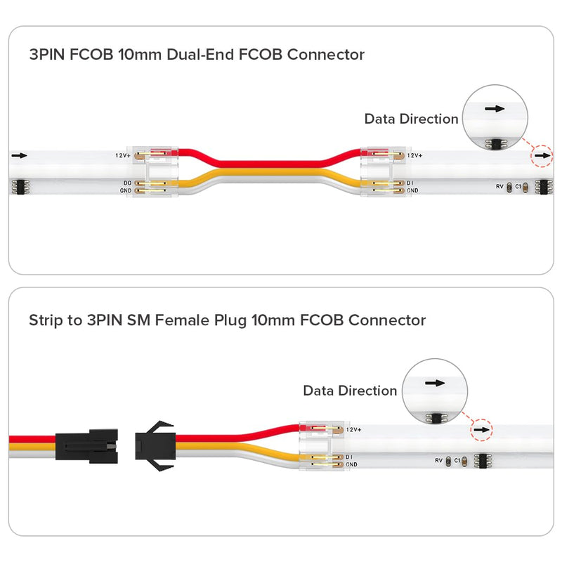 BTF-LIGHTING FCOB COB 10mm 3Pin Connector Kit,L-Shaped Connector,Dual-End with Wire,Strip to JST,Wire to Strip,3Pin JST,Gapless Connector for WS2814 IC RGBW 784LED/m COB LED Light Transparent 10mm width PCB Multifunctional Kit 2