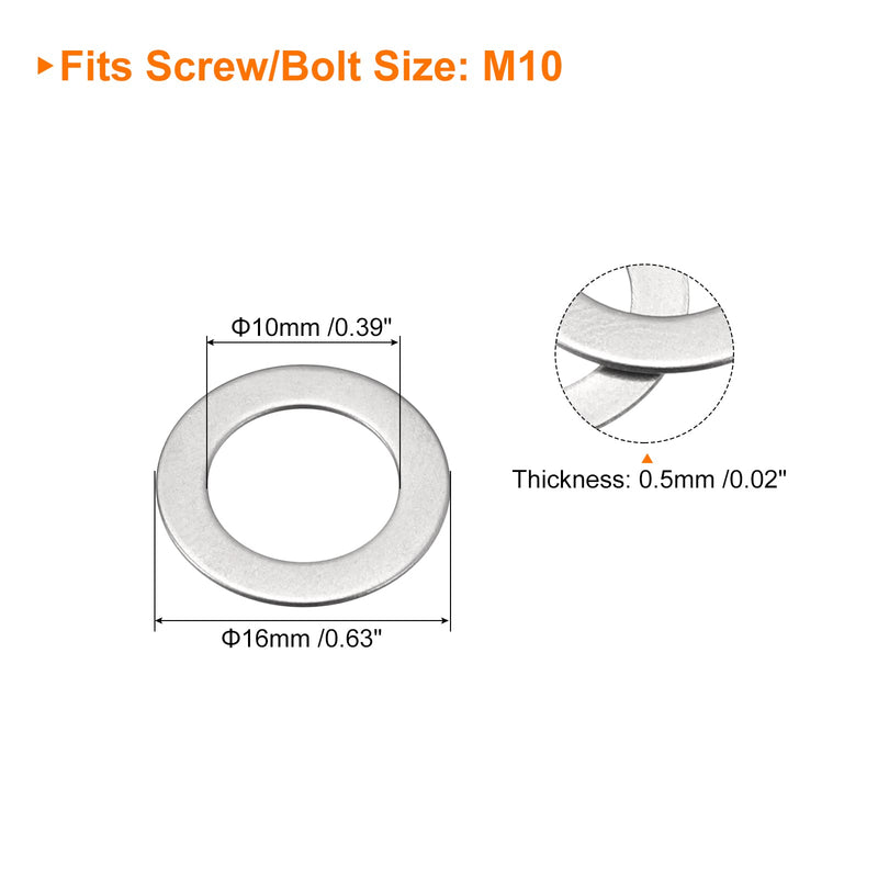 uxcell M10 304 Stainless Steel Flat Washers, 50pcs 10x16x0.5mm Ultra Thin Flat Spacers for Screw Bolt, Electronic Repair, Automotive 50