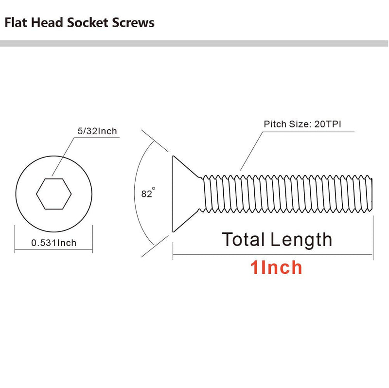 1/4-20 x 1" Flat Head Socket Cap Screws, Allen Socket Drive, Stainless Steel 18-8 (304), Full Thread, Bright Finish, 25 PCS 1/4-20 x 1"