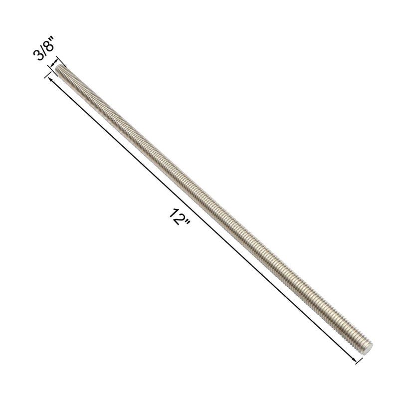 304 Stainless Steel 3/8"-16 Fully Threaded Rod, 4 Pieces 12" Length Long Threaded Rods