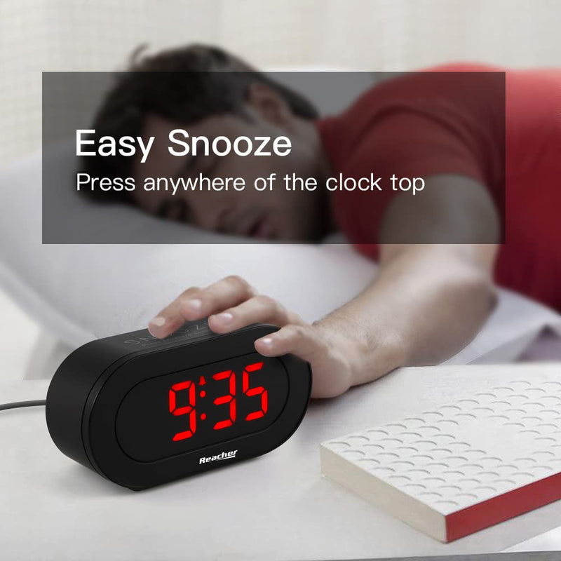 REACHER Small LED Digital Alarm Clock with Simple Operation, Full Range Brightness Dimmer, USB Phone Charger Port, Easy Snooze, Adjustable Alarm Volume, Outlet Powered for Bedrooms Bedside(Black) Black+red Digit