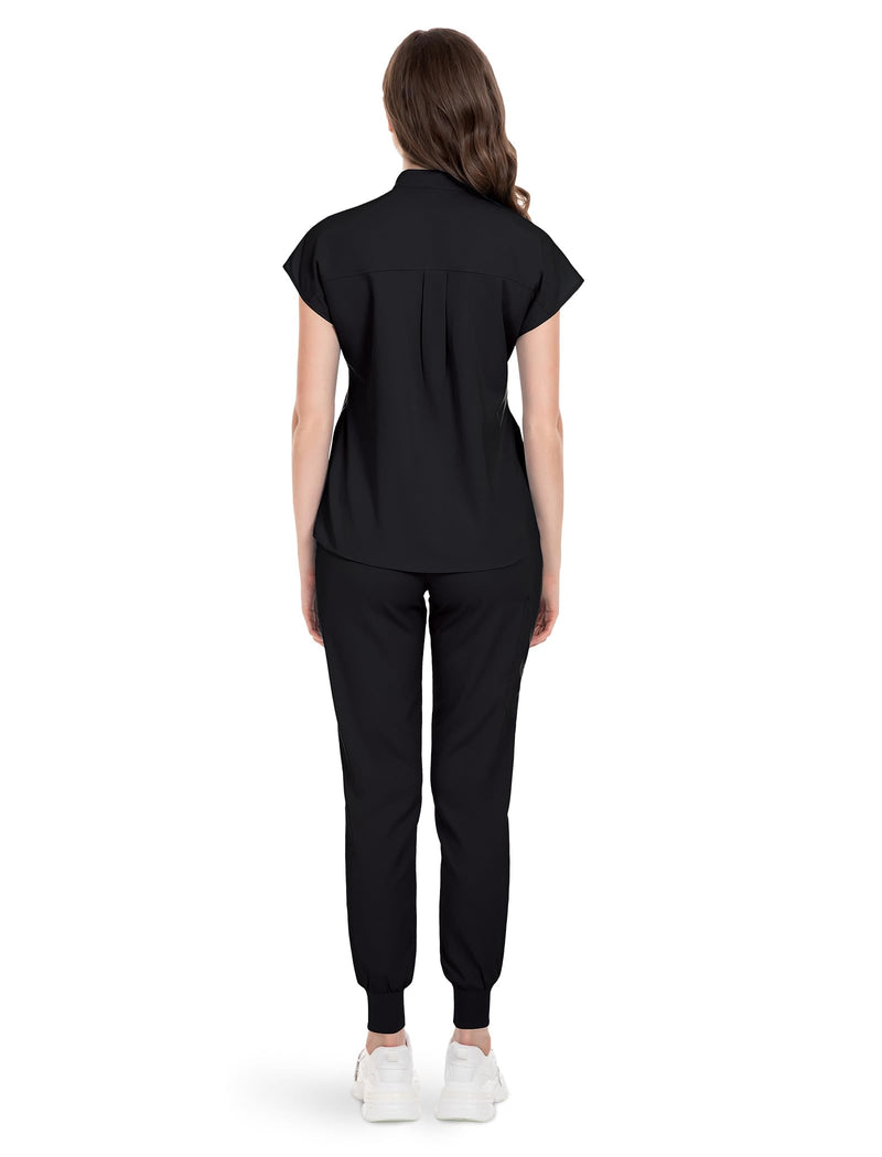 niaahinn Scrubs Set for Women Nurse Uniform Jogger Suit Stretch Top & Pants with Multi Pocket for Nurse Esthetician Workwear Black Large