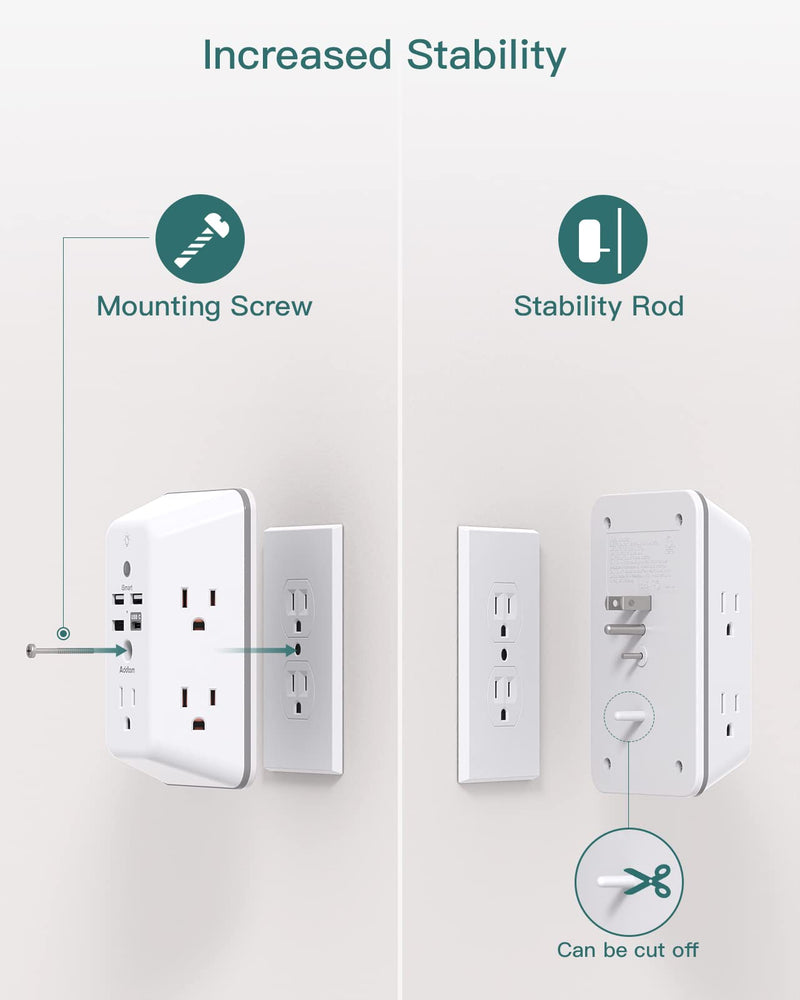 Surge Protector, Outlet Extender with Night Light, Addtam 5-Outlet Splitter and 4 USB Ports(1 USB C), Multi Plug Wall Outlet for Home Office Dorm Room Essentials 1C3A White