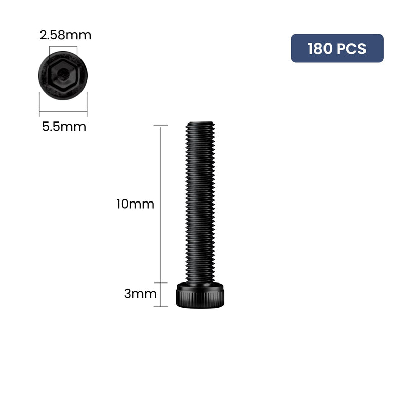 180pcs M3 x 10mm Hex Socket Head Cap Screws Bolts, 12.9 Grade Alloy Steel, Black Oxide Finish, Allen Socket Drive, Full Threads,with Hex Spanner 180