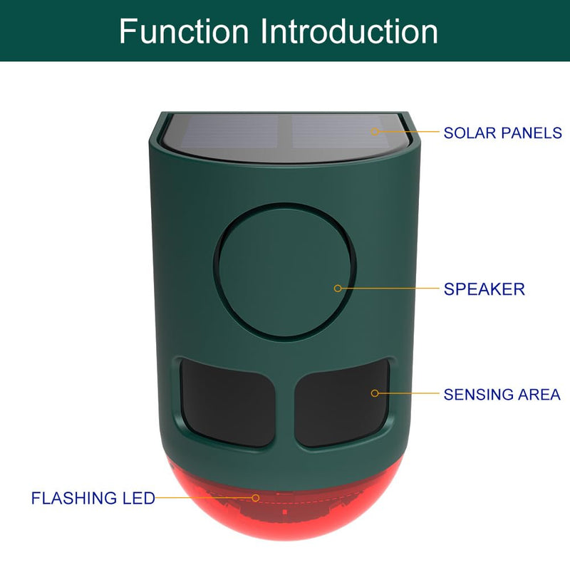 Solar Motion Sensor Alarm Outdoor - 129dB Loud Sound Noise Maker ,Multi-Band high-Frequency Ultrasound Motion Detector ,with Strobe Light， for Yard Farm Garden (2 Pack) 2 pack