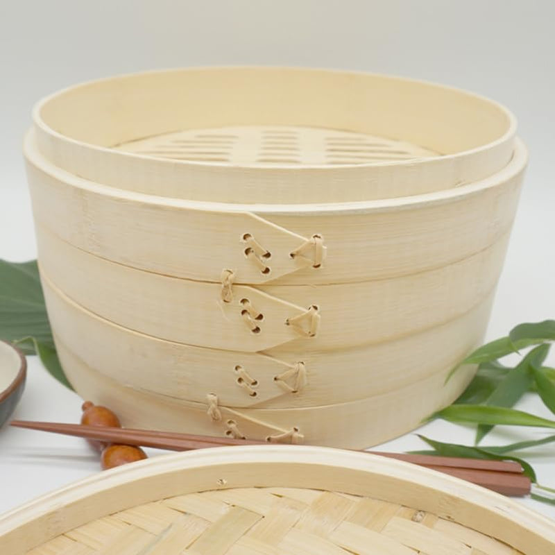 OUNONA Bamboo Steamer with Lid 5.11 Inch Round Kitchen Food Steamer Basket for Cooking Dim Sum Seafood Vegetables and Dumplings Natural Material Steaming Tool for Home Use 13X13X9.8CM