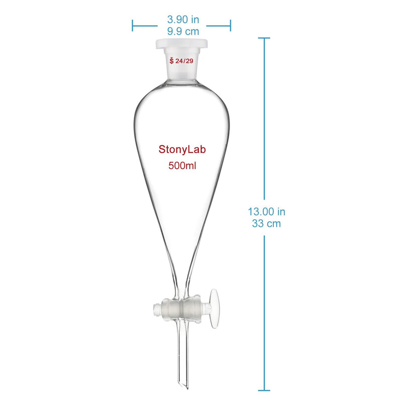 stonylab Separatory Funnel with Glass Stopcock Valve, Borosilicate Glass 24/29 Joint Funnel for Laboratory Accurate Liquid Separation, 500 ml 500.0 milliliters Round 1 Sep-Funnel-GlassStopcock-24/29-500ml